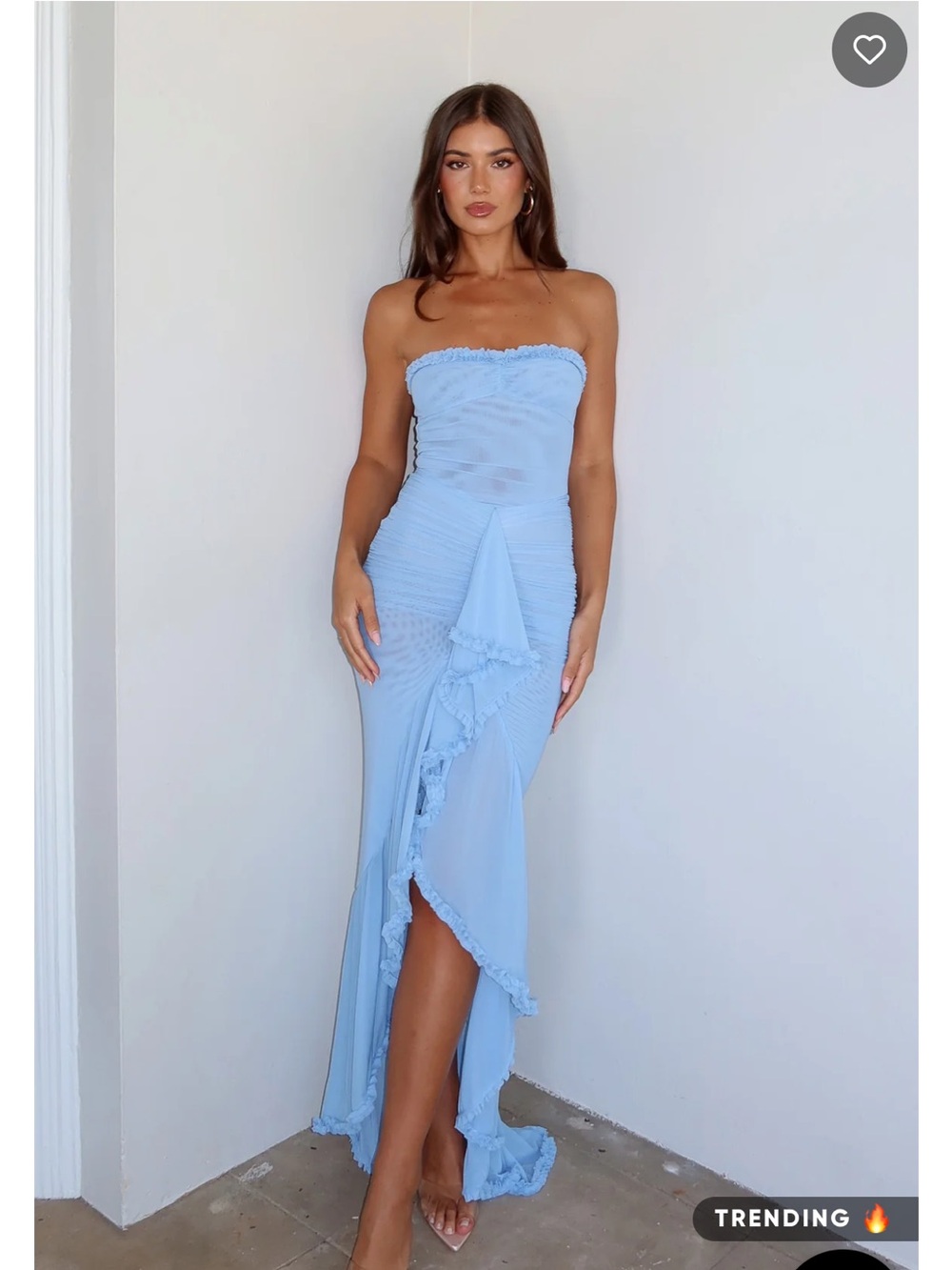 White Fox Boutique Strapless Powder Blue Ruffle Maxi Dress